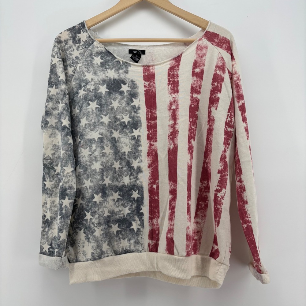 Rue21 Women Sweatshirt XL Red White Blue American Flag Stars Stripes Vintagey
